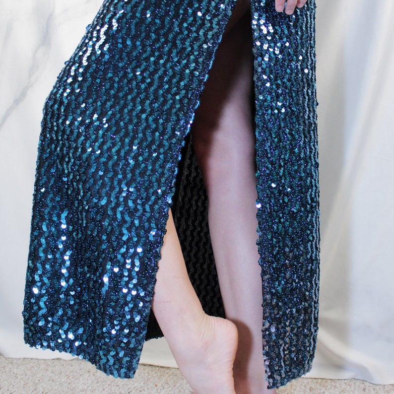 Vintage 80s One Shoulder Sequin Gown Retro 1980s Blue Femme Fatale Long Maxi Party Dress