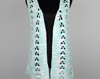 Vintage 70s Handmade Loose Knit Crochet Vest // Retro 1970s Hand Knit Long Robin&#39;s Egg Blue Boho Cottagecore Festival Top