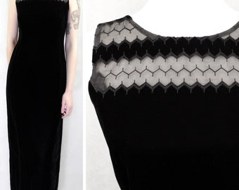 Sukienka maxi z czarnego aksamitu w stylu vintage z lat 90. Maggy London, rozmiar 4 • Minimalistyczna, prześwitująca suknia wieczorowa, klasyczna sukienka w drobną kolumnę