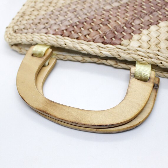 Vintage 70s Wood Handle 14" Woven Straw Handbag  … - image 2