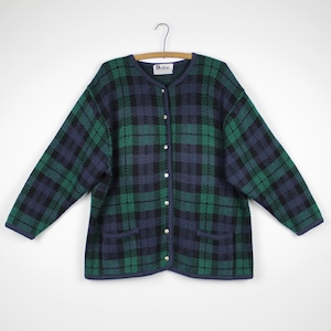 Vintage 90s Plaid Cardigan with Pockets // Retro 1990s Green Tartan Oversized Preppy Grunge Sweater