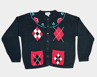 Vintage 90s Koret Embroidered Argyle Cardigan with Pockets // Retro 1990s Black and Red Knit Kidcore Sweater
