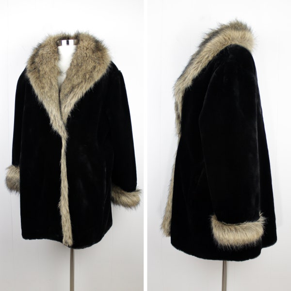 Vintage 90s Dennis Basso Faux Fur Coat  ///  Retro 1990s Heavy Black Winter Coat with Pockets