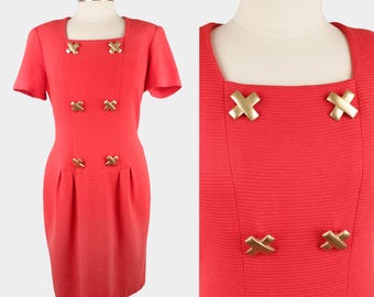 Vestido vintage Ann Taylor de canalé, talla 12 • Vestido rojo de los 80/90 con botones dorados • Vestido minimalista de algodón con escote cuadrado, hecho en EE. UU.