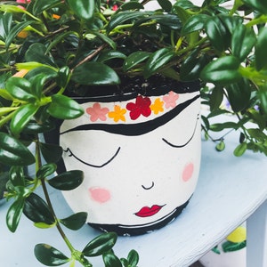 May include: A white ceramic planter with a painted face and a floral headband. The planter is filled with green leafy plants.