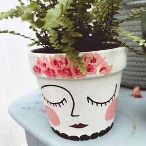 May include: A white ceramic planter with a pink floral design and a painted face with closed eyes, a nose, and a red mouth. A green fern plant is growing in the planter.