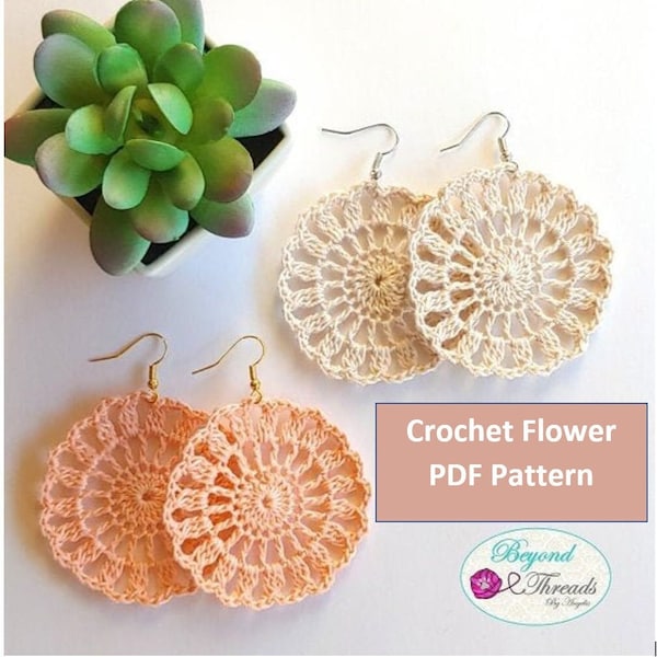 Boucles d'oreilles au crochet PDF. Tutoriel de boucles d'oreilles au crochet. Boucles d'oreilles rondes. Boucles d'oreilles pendantes. Boucles d'oreilles fleurs PDF. Motif floral.