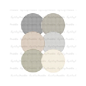 Puede incluir: Seis círculos con diferentes patrones de cuadros vichy en varios tonos de marrón, gris y verde. Los círculos están dispuestos en un patrón circular.