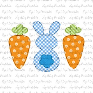 May include: A blue and white checkered bunny with a blue flower on its belly, two orange carrots with green tops and white polka dots, and a white background with the text "Hug A Bug Printables" repeated.