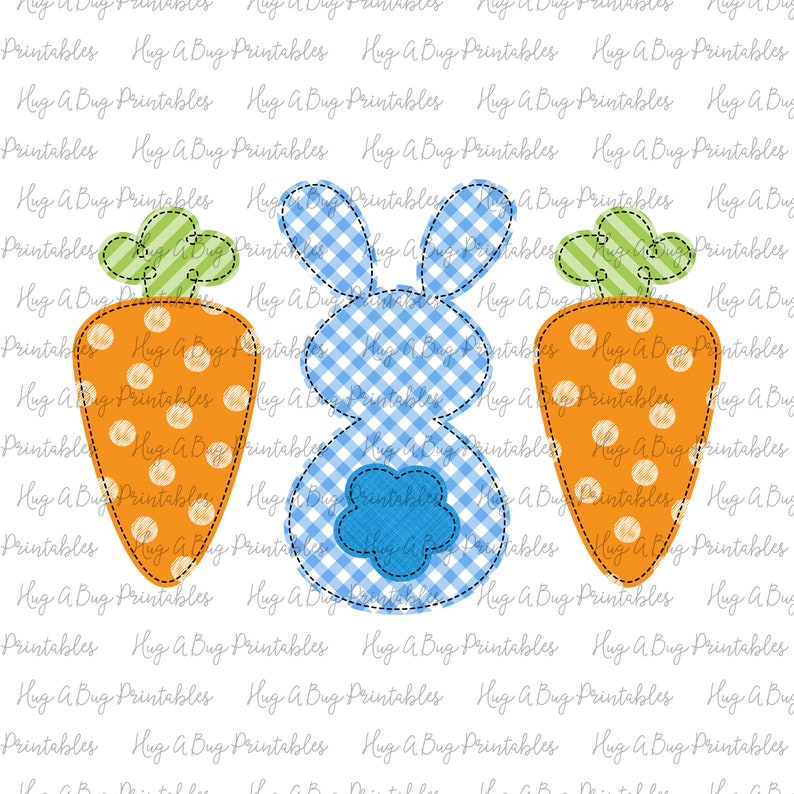 May include: A blue and white checkered bunny with a blue flower on its belly, two orange carrots with green tops and white polka dots, and a white background with the text "Hug A Bug Printables" repeated.