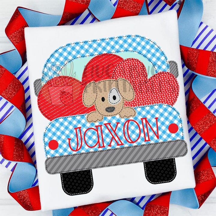Truck Pup Hearts Blue Faux Applique Digital File JPG PNG