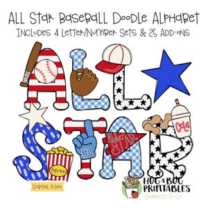 Könnte beinhalten: Ein farbenfrohes digitales Grafikdesign mit den Worten "ALL STAR" im Baseball-Thema. Die Buchstaben sind mit Basebällen, Sternen und einem Baseballhandschuh verziert. Enthält einen Baseballschläger, Popcorn und ein Getränk. Der Text lautet "ALL Star Baseball Doodle Alphabet".
