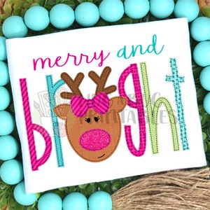 Reindeer Bow Merry Bright Faux Applique Digital File JPG PNG