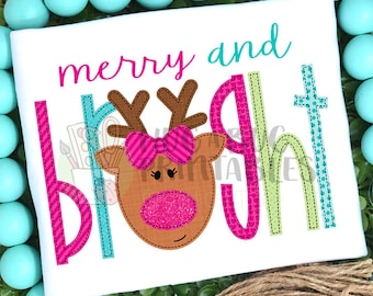 Reindeer Bow Merry Bright Faux Applique Digital File JPG PNG