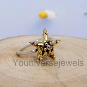 2 Metallring, Silber / Messingring, zweifarbiger Ring, Statementring, Designer Sternformring, Multimetallschmuck, handgemachter Ring