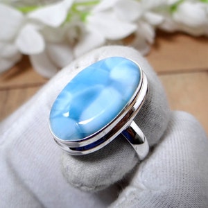 NATURAL LARIMAR Ring, Oval Shape Ring, Graceful Hand Made Ring, 925 Sterling Silver Jewelry, Natural Stone Ring, Boho Ring,Statement Ring