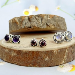 Amethyst/ garnet/ Labradorite Earrings Set, 925 Sterling Silver, Silver Stud Earrings, Boho Silver Earrings, Handmade Earrings, Gift For Her