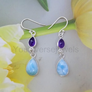 Larimar Earrings, Amethyst Earring, 925 Sterling Silver, Gemstone Earring, Boho Earring, Christmas Gift For Her, Unique Earring