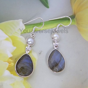 Labradorite Pearl 925 Sterling Silver Bezel Gemstone Earring, Gift For Her, Birthday Gift, Boho Design , Anniversary Gift