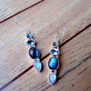 Labradorite/Blue Topaz /Rainbow Moonstone Earring/Gorgeous Hand Made Earring/925 Sterling Earring/Silver Jewelry/Fine Gemstone/Boho Earring