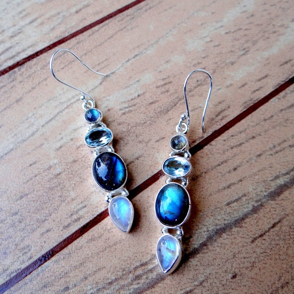 Labradorite/Blue Topaz /Rainbow Moonstone Earring/Gorgeous Hand Made Earring/925 Sterling Earring/Silver Jewelry/Fine Gemstone/Boho Earring