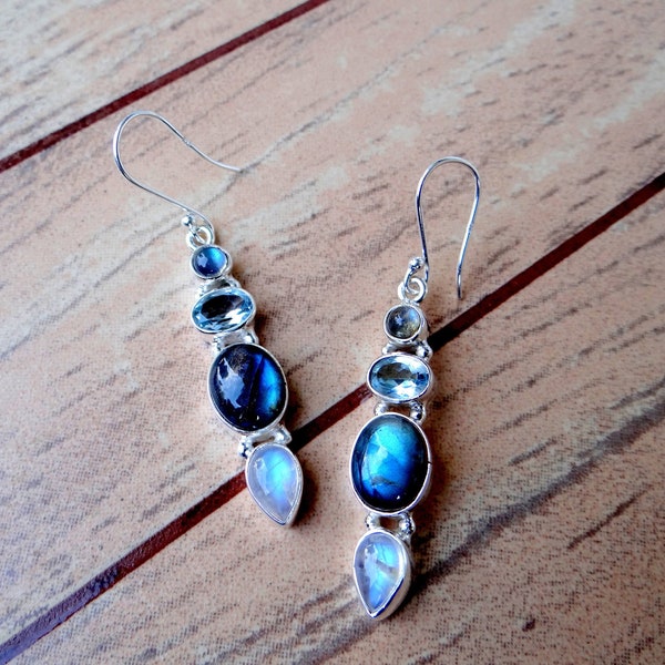 Orecchini in labradorite/topazio blu/pietra di luna arcobaleno/splendidi orecchini fatti a mano/orecchini in argento sterling 925/gioielli in argento/pietre preziose/orecchini boho