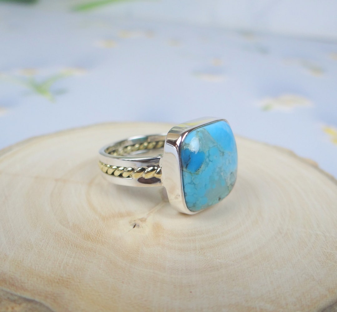 Blue Mohave Turquoise Ring, 925 Sterling Silver and Brass Ring ...
