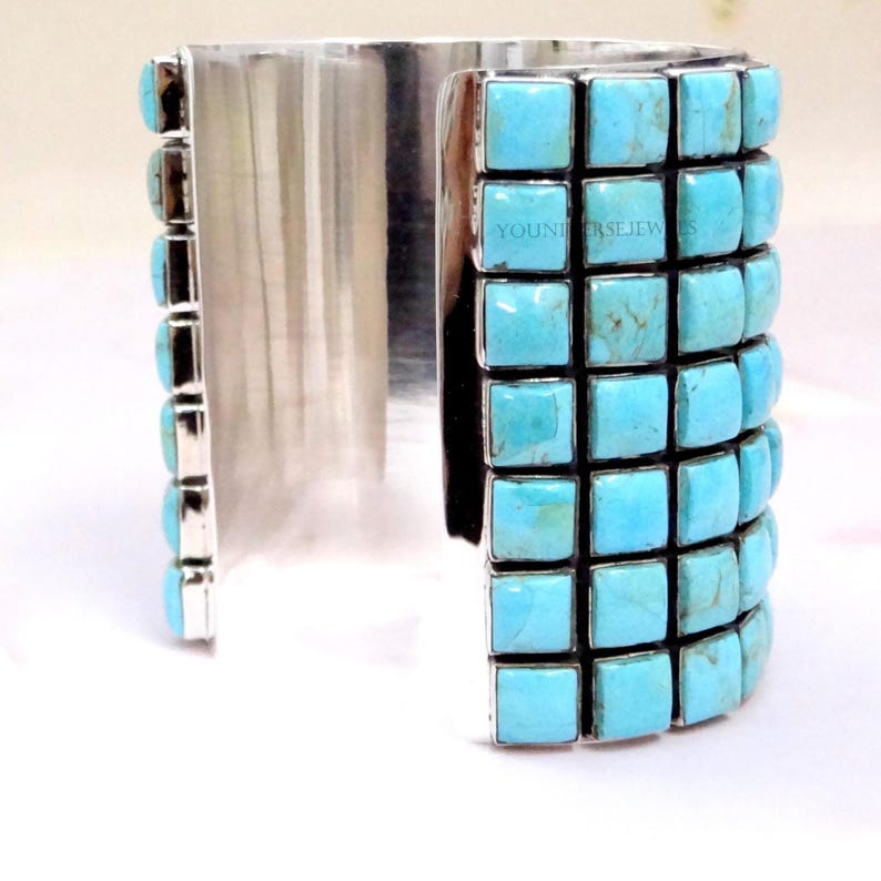 7 Row Kingman Turquoise Cuff Bracelet 925 Sterling Silver Wide Mosaic ...