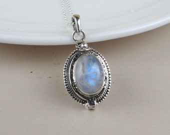 Handmade Sterling Silver Rainbow Moonstone Poison Pendant, Gemstone Secret Box Pendant, Valentine Gift's
