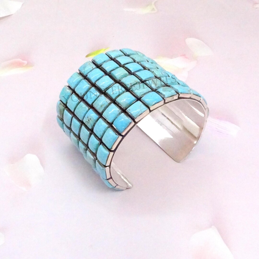 6 Row Kingman Turquoise Cuff Bracelet 925 Sterling Silver Wide Mosaic ...