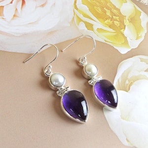 Amethyst Pearl Silver Earring, Gemstone Earring, 925 Sterling Silver Jewelry , Handmade Earrings , March Birthstone, Multi Stone Earring