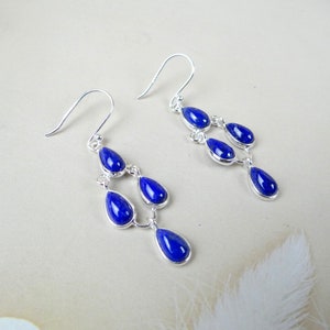 Lapis Lazuli Genuine Gemstone Solid 925 Sterling Silver Earring- Dangle Drop Earring-Lapis Lazuli Women Gemstone Earrings For Her