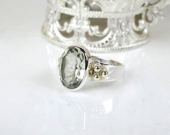 Handmade Green Amethyst Ring, Sterling Silver Brass, February Birthstone, Gift For Her