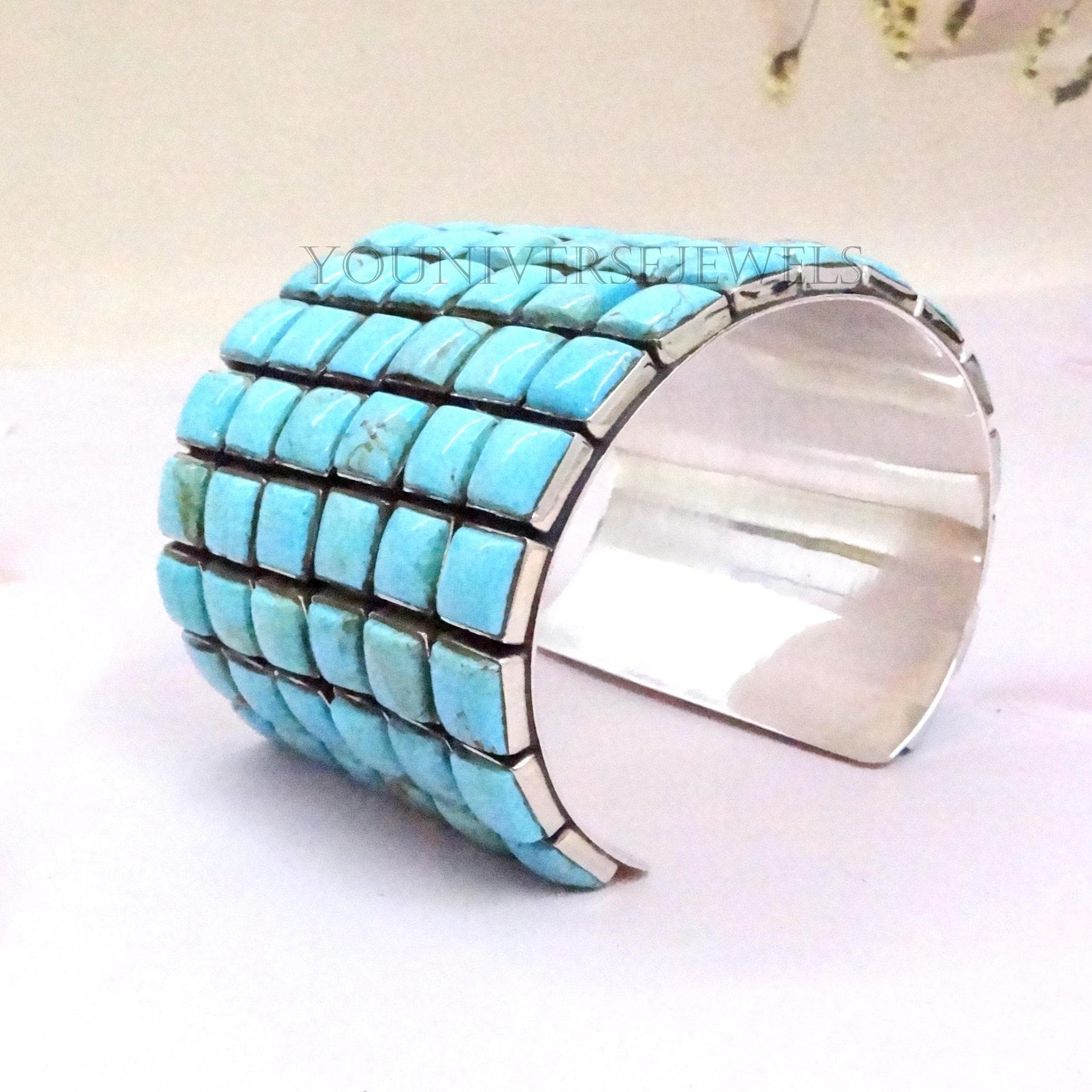 6 Row Kingman Turquoise Cuff Bracelet 925 Sterling Silver Wide Mosaic ...