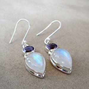 Rainbow Moonstone/Amethyst Silver Earring, Handmade Earring,925 Sterling Silver Earring, Ear Wire Earring, Boho silver earring, Dangle drop