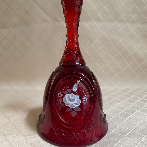 Fenton ruby red Artist signed a bell with white roses