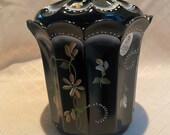 Fenton black coral flowers artist signed white trim trinket box