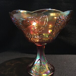 Indiana marigold canival glass compote harvest grape and leaf pattern fruit bowl by indiana glass co