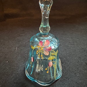 Fenton blue small bell,artist signed with purple flowers