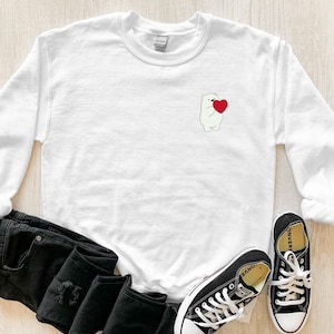 Embroidered Love Polar Bear Sweatshirt, Cute Polar Bear Jumper, Valentine's Day Gift, Winter Animal Crewneck, Cozy Valentine's Sweatshirt,