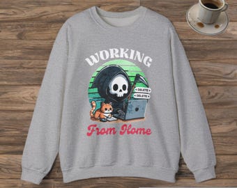 Arbeiten von zu Hause Sweatshirt, lustiges Rundhalsausschnitt für Fernarbeiter, gemütliches Geschenk für Katzenliebhaber, Halloween, Home Office Kleidung
