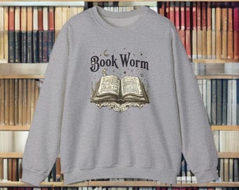Sudadera unisex de cuello redondo de mezcla gruesa con estampado de gusano de libros: regalo acogedor para amantes de los libros, sudadera de lectura, ropa literaria, perfecta para clubes de lectura.