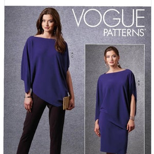 Puede incluir: Patrón de costura Vogue Patterns que muestra a una mujer con un top azul y pantalones marrones oscuros. El patrón incluye un diseño de vestido y top. El texto "VOGUE PATTERNS" está en la parte superior. El número de patrón es V1665.
