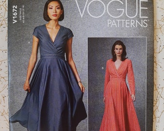 Vogue Dress Pattern 1672~Easy wrap Bodice, Flared Skirt Size 6-14 or 14-22