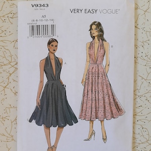 VERY EASY VOGUE Pattern~Hollywood Style Faux Halter Dress with Flared Skirt 9343 Size 6-14 or 14-22