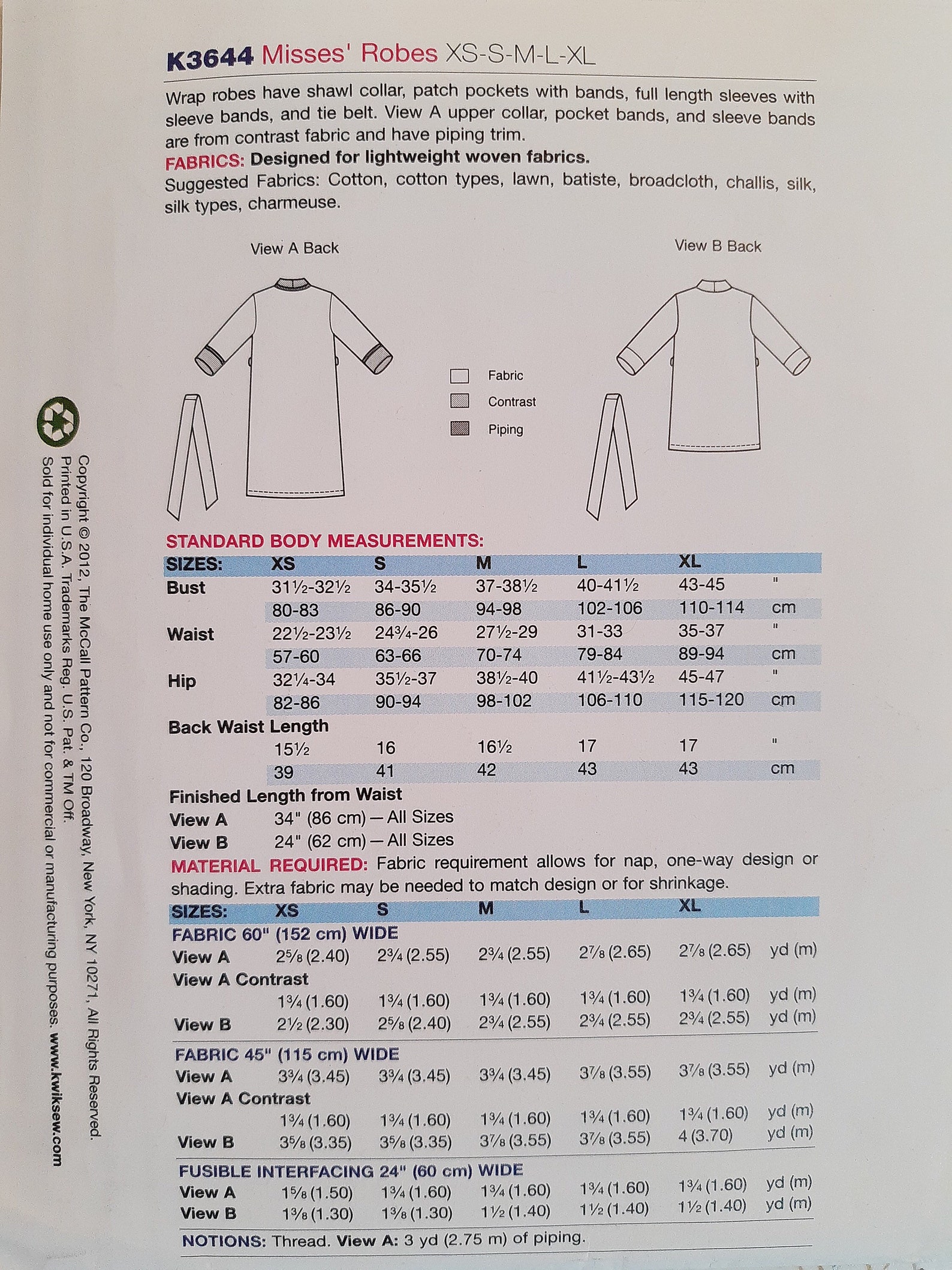 Kwik Sew Dressing Gown Robe Pattern 3644shawl Collar Etsy