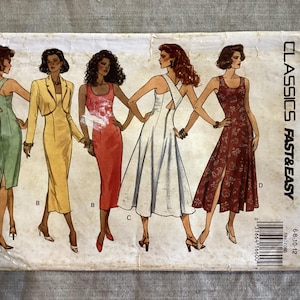 May include: A Butterick Classics Fast & Easy sewing pattern envelope 6840 for sizes 6-8-10-12. The front displays illustrations of five dresses in various colours and styles, including a green dress, a yellow jacket and dress set, a red dress, a white dress, and a floral print dress.