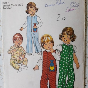 May include: Simplicity pattern 7240 for toddler sizes. The pattern features illustrations of children in various jumpsuits, including a blue striped one, a red diamond-patterned one with a kangaroo, a green floral one, and a yellow floral one. Breast size is 20 inches.