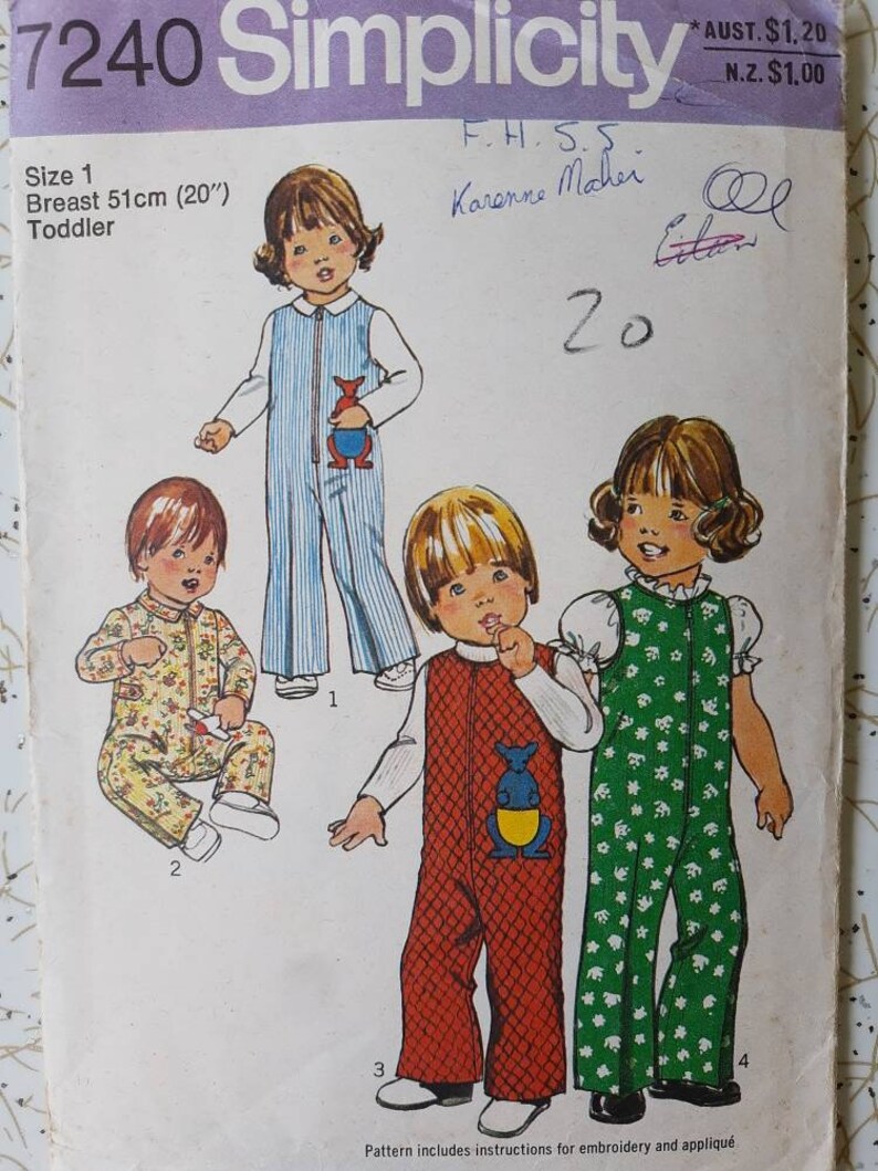 May include: Simplicity pattern 7240 for toddler sizes. The pattern features illustrations of children in various jumpsuits, including a blue striped one, a red diamond-patterned one with a kangaroo, a green floral one, and a yellow floral one. Breast size is 20 inches.