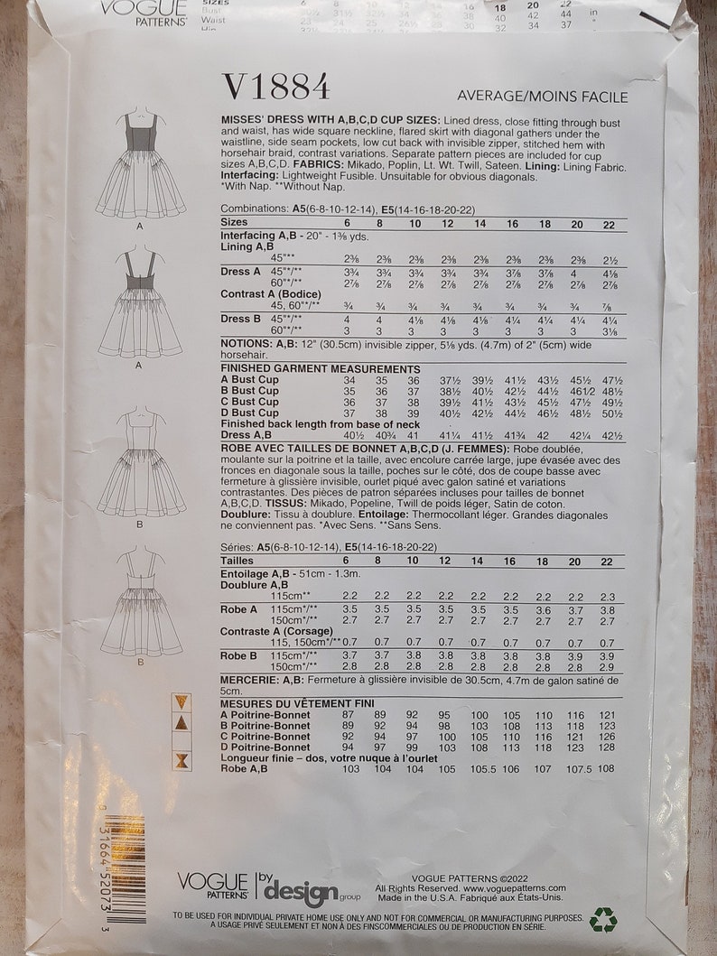 Vogue Party Dress Pattern 1884 - Cup Sizes A,b,c and D- Size 6-14 or 14 ...